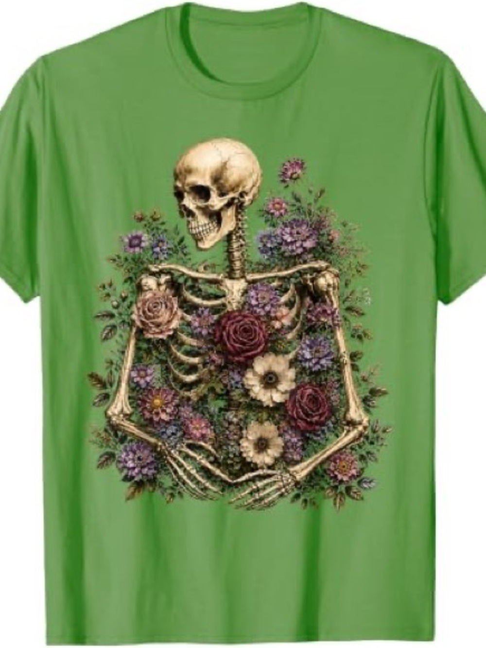 Gildan Green Short-Sleeve Tee with Floral Skeleton Graphic, Gift For Her, Him